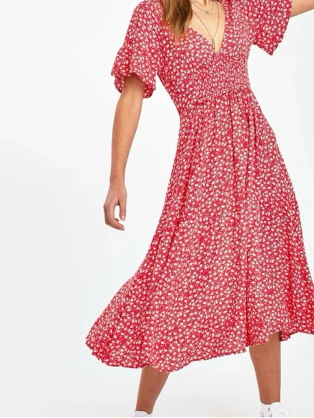 Free people Full Bloom Midi Dress in red floral print sz L